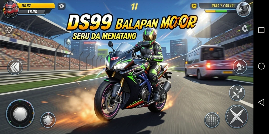 Screenshot dari gameplay DS99 yang menunjukkan balapan motor yang mendebarkan.
